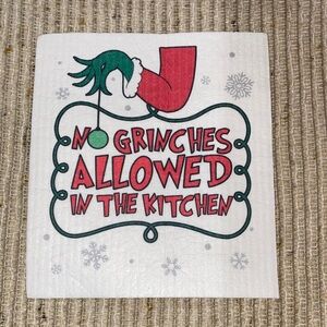 No Grinches Allowed in the Kitchen Holiday  Swedish Dish Cloth White/Red/Green